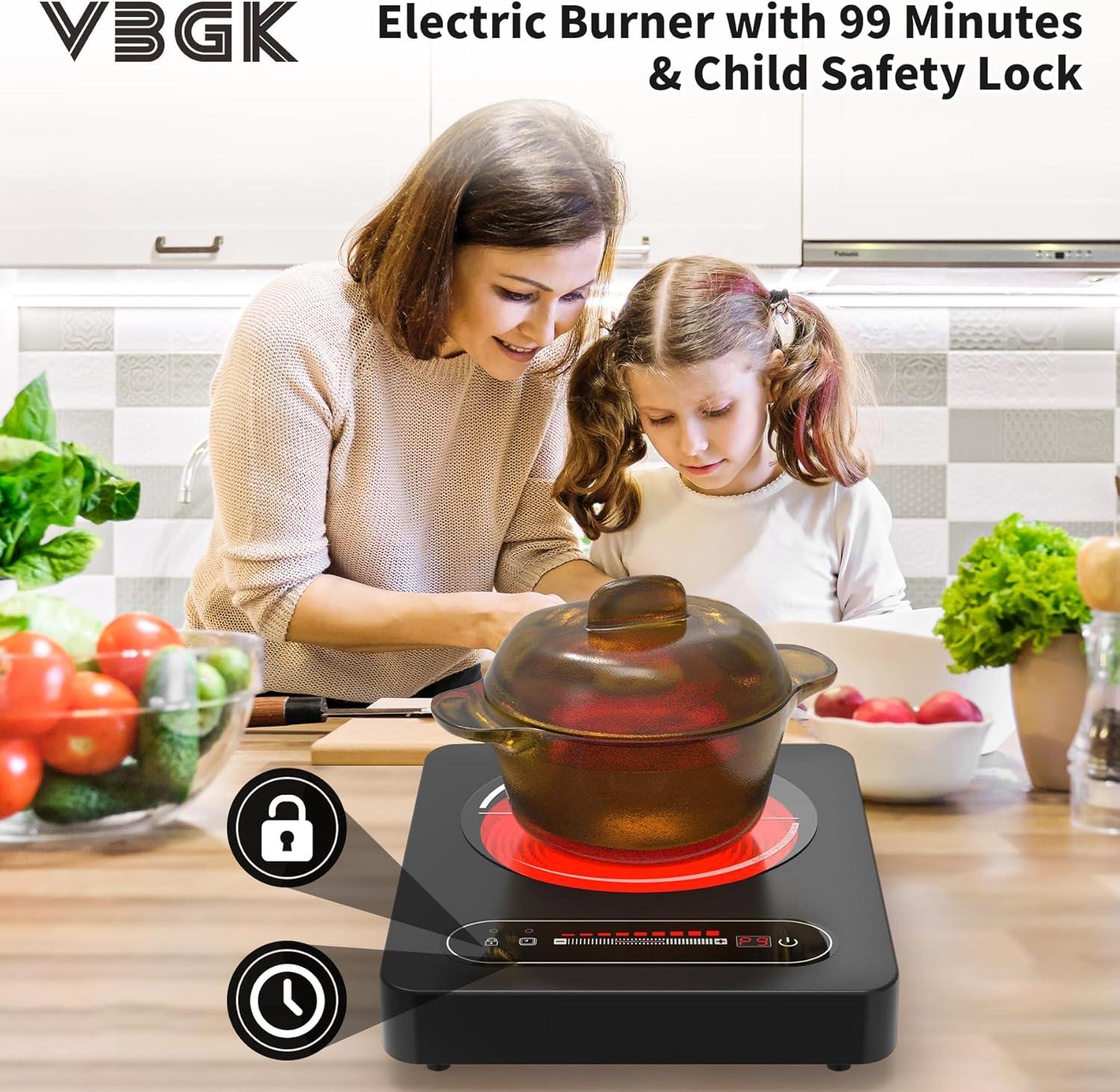 imageVBGK Single Burner Electric Cooktop110V 1800W Stove Top with LED Touch Control9 Power Levels Timer Safety Locksingle Electric burner Overheat protection