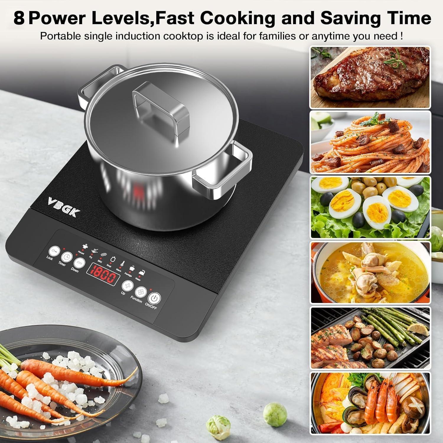 imageVBGK Single Burner Induction Cooktop1800W Portable Induction Cooktop110V Hot Plate with LCD Sensor Touch 7 Temp Levels up to 518F Safety Lock 4Hour Timer 9 HeatResistant Cooking