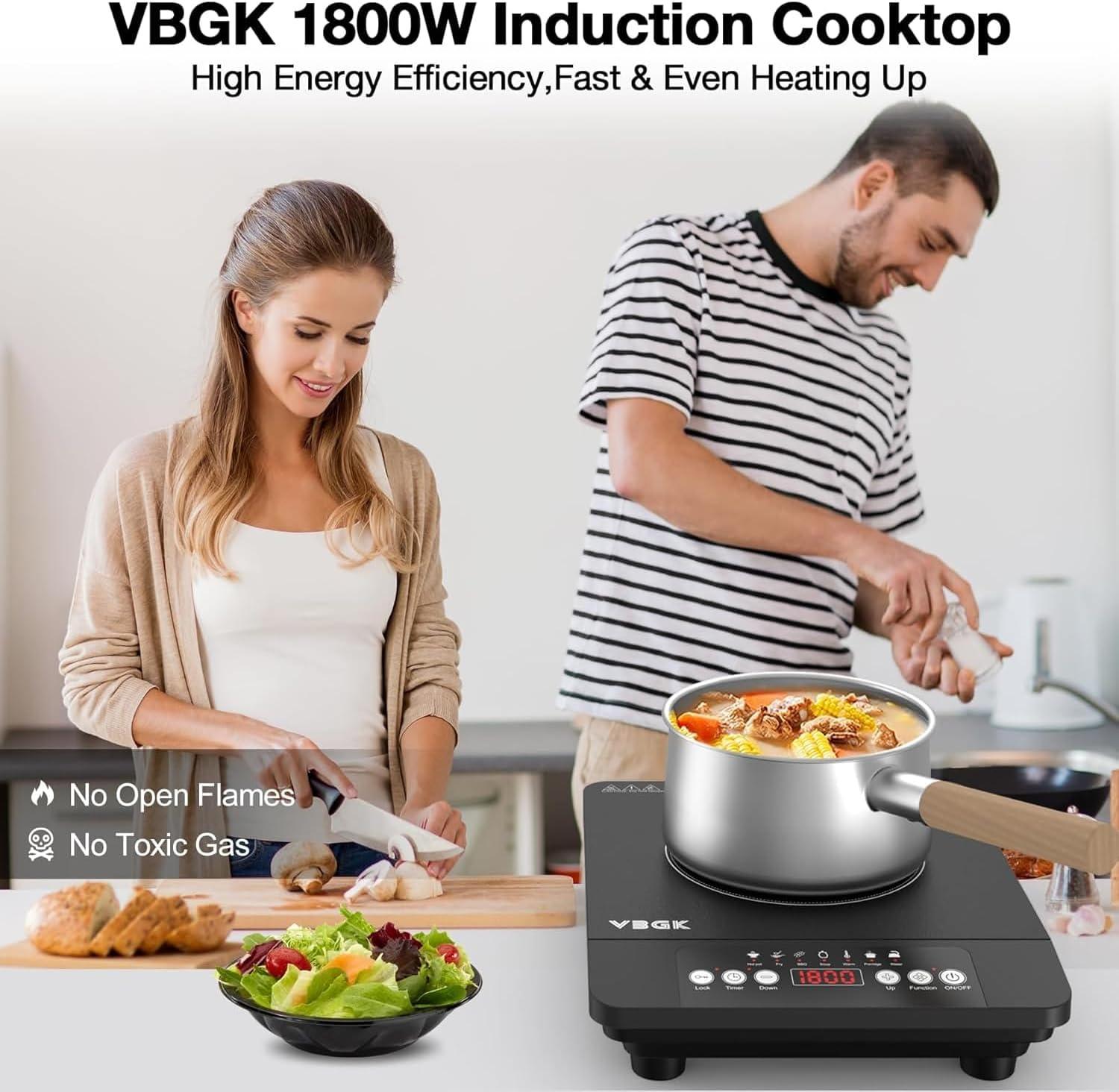 imageVBGK Single Burner Induction Cooktop1800W Portable Induction Cooktop110V Hot Plate with LCD Sensor Touch 7 Temp Levels up to 518F Safety Lock 4Hour Timer 9 HeatResistant Cooking
