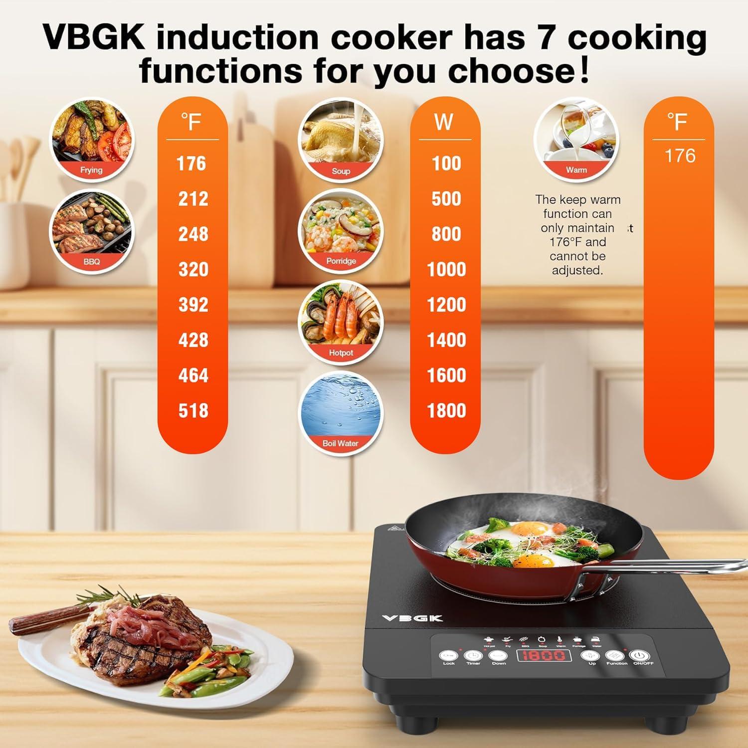 imageVBGK Single Burner Induction Cooktop1800W Portable Induction Cooktop110V Hot Plate with LCD Sensor Touch 7 Temp Levels up to 518F Safety Lock 4Hour Timer 9 HeatResistant Cooking