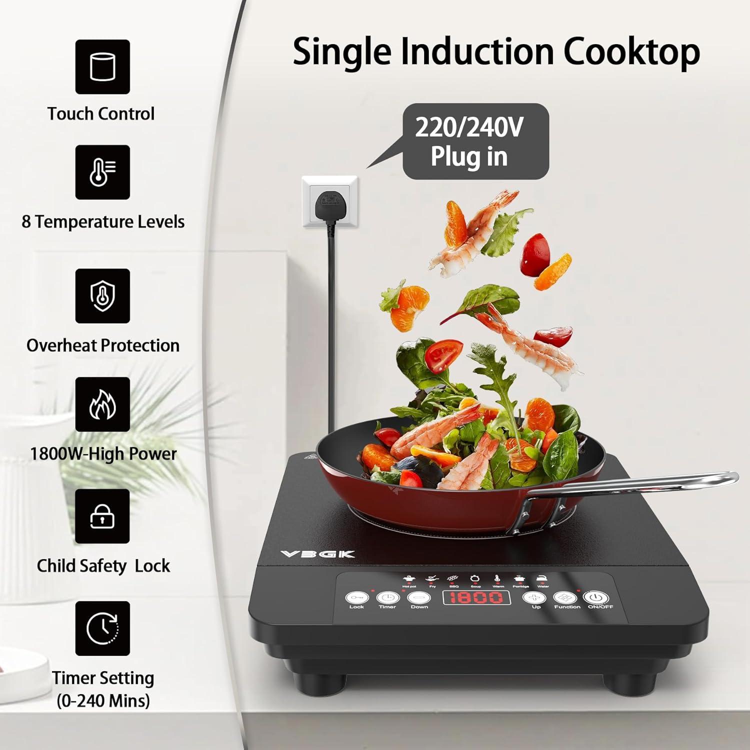 imageVBGK Single Burner Induction Cooktop1800W Portable Induction Cooktop110V Hot Plate with LCD Sensor Touch 7 Temp Levels up to 518F Safety Lock 4Hour Timer 9 HeatResistant Cooking
