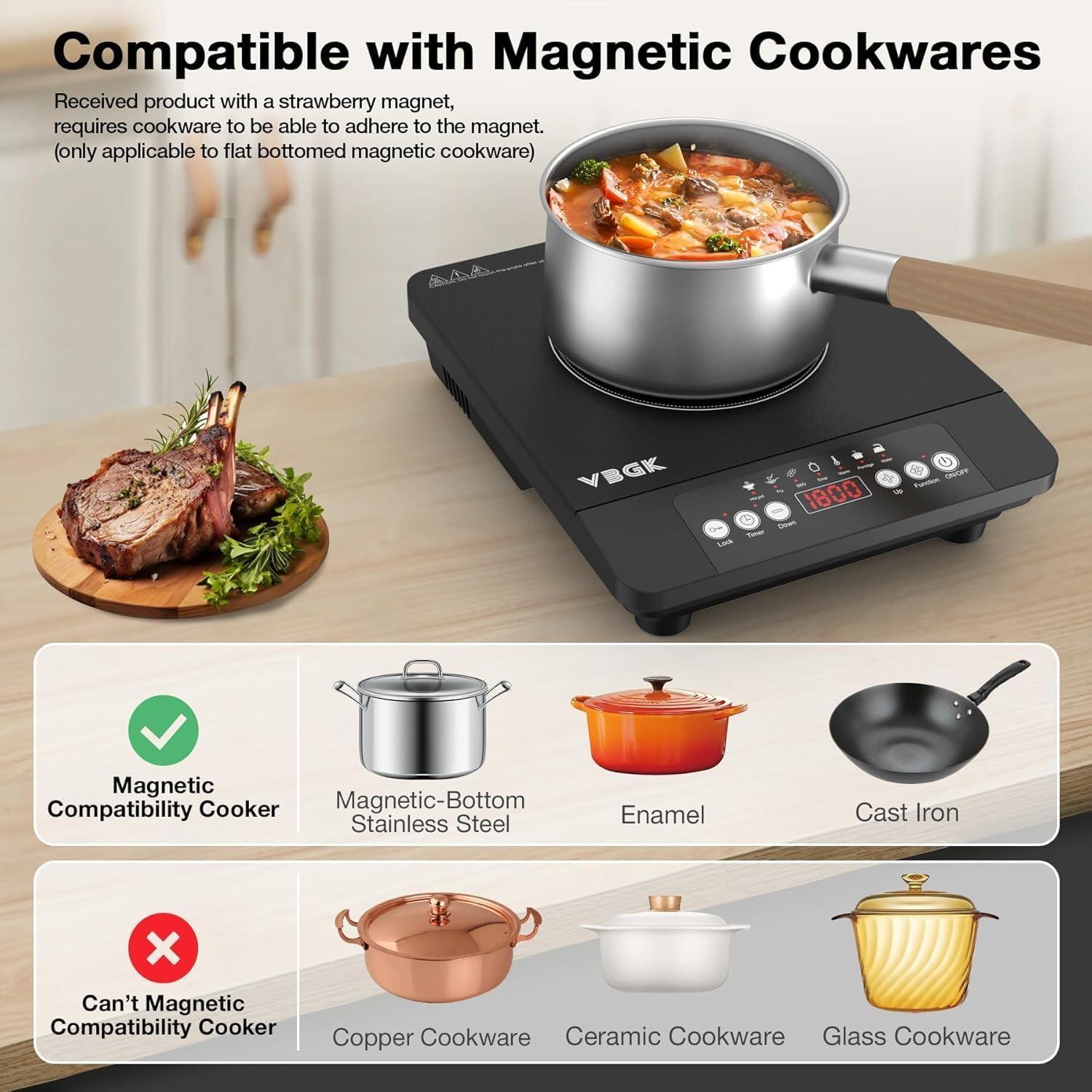 imageVBGK Single Burner Induction Cooktop1800W Portable Induction Cooktop110V Hot Plate with LCD Sensor Touch 7 Temp Levels up to 518F Safety Lock 4Hour Timer 9 HeatResistant Cooking