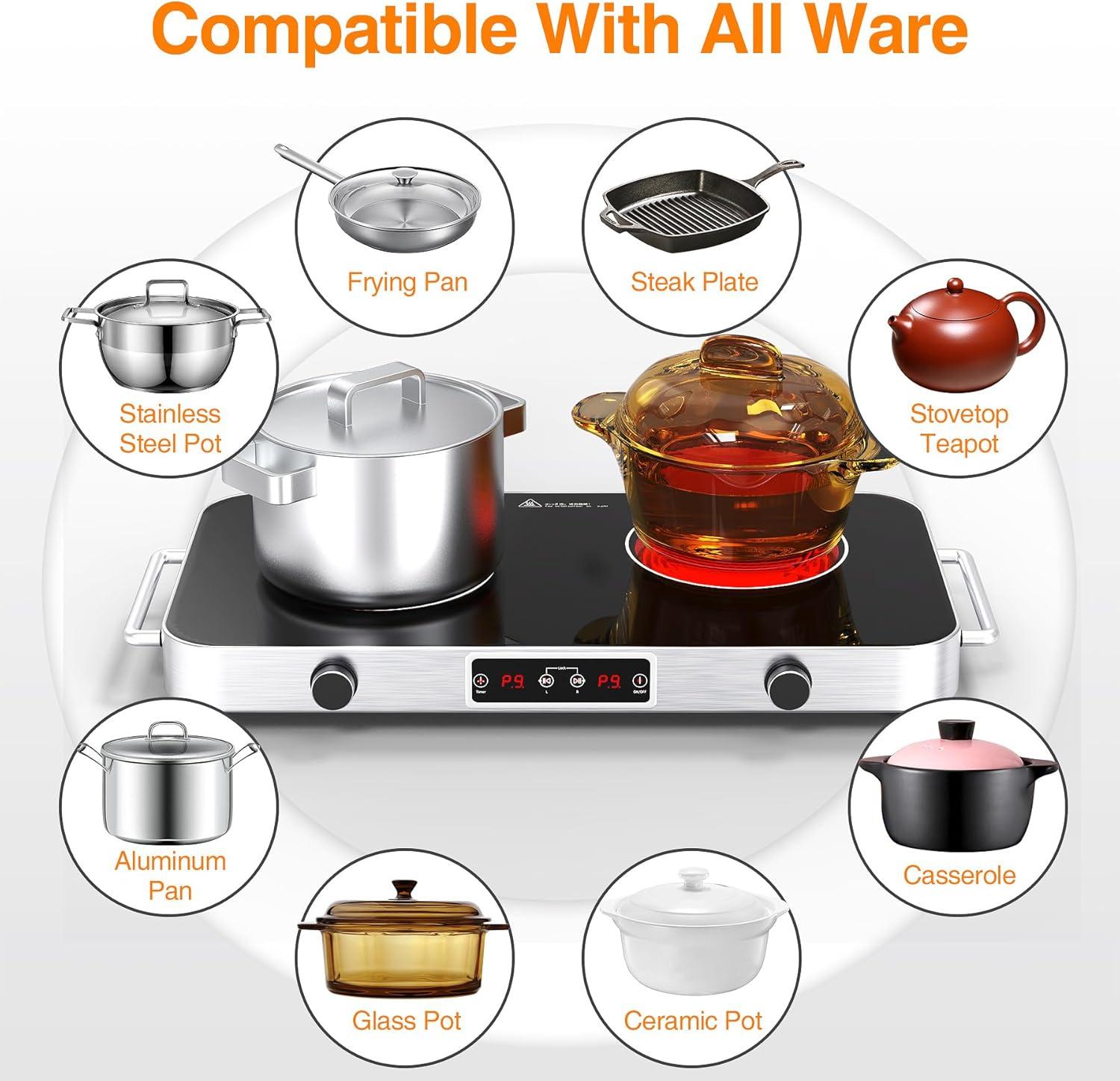 imageVBGK Electric Cooktop110V 2200W Electric Stove with Knob Control9 Power Levels Kids Lock ampamp TimerLED touch controlOverheat Protection Electric Stove Top12 Inch desktop 2 burner electric cooktop