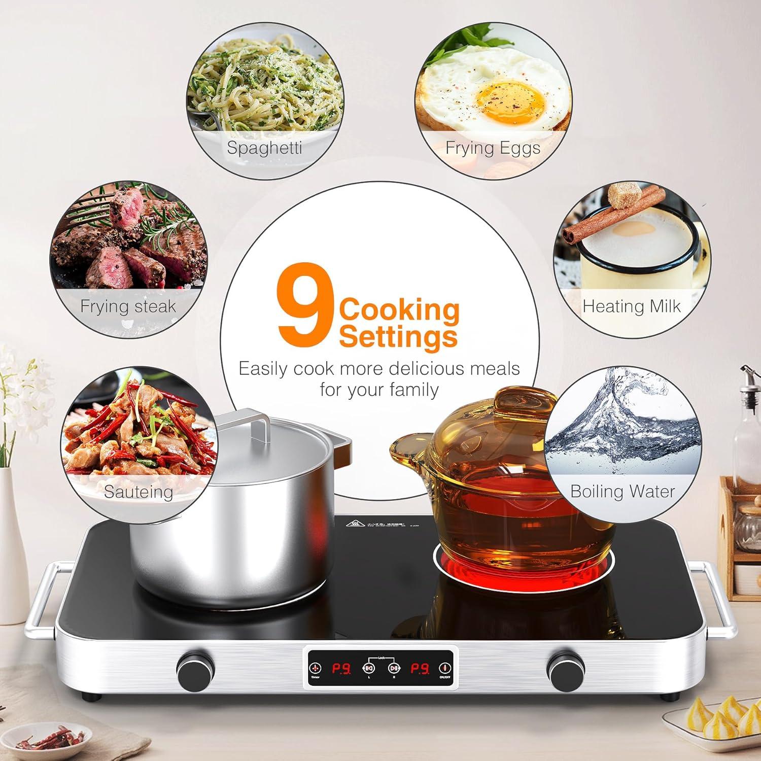 imageVBGK Electric Cooktop110V 2200W Electric Stove with Knob Control9 Power Levels Kids Lock ampamp TimerLED touch controlOverheat Protection Electric Stove Top12 Inch desktop 2 burner electric cooktop