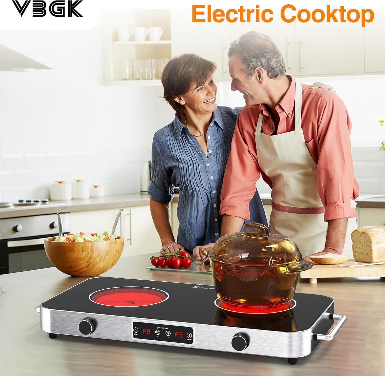 imageVBGK Electric Cooktop110V 2200W Electric Stove with Knob Control9 Power Levels Kids Lock ampamp TimerLED touch controlOverheat Protection Electric Stove Top12 Inch desktop 2 burner electric cooktop