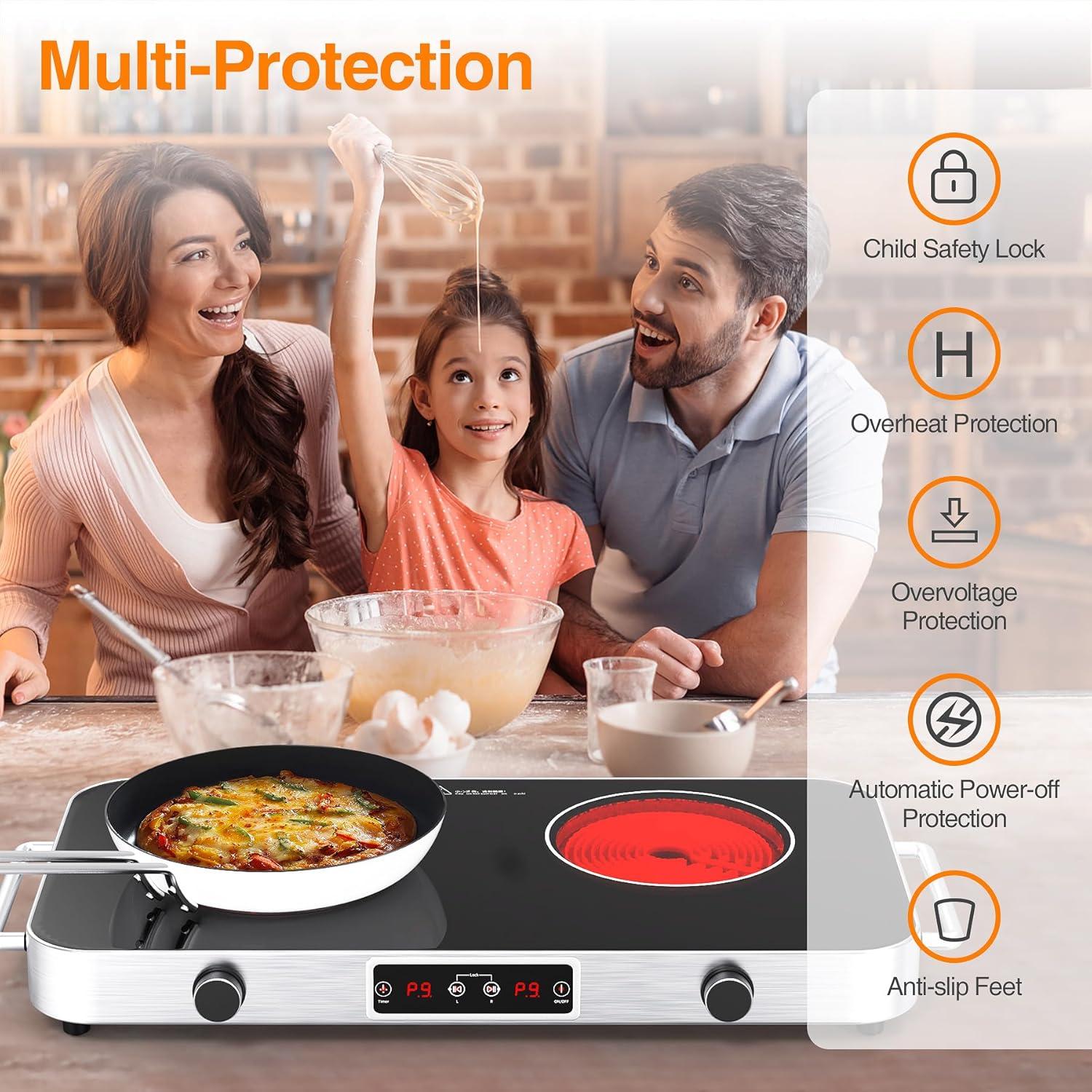 imageVBGK Electric Cooktop110V 2200W Electric Stove with Knob Control9 Power Levels Kids Lock ampamp TimerLED touch controlOverheat Protection Electric Stove Top12 Inch desktop 2 burner electric cooktop