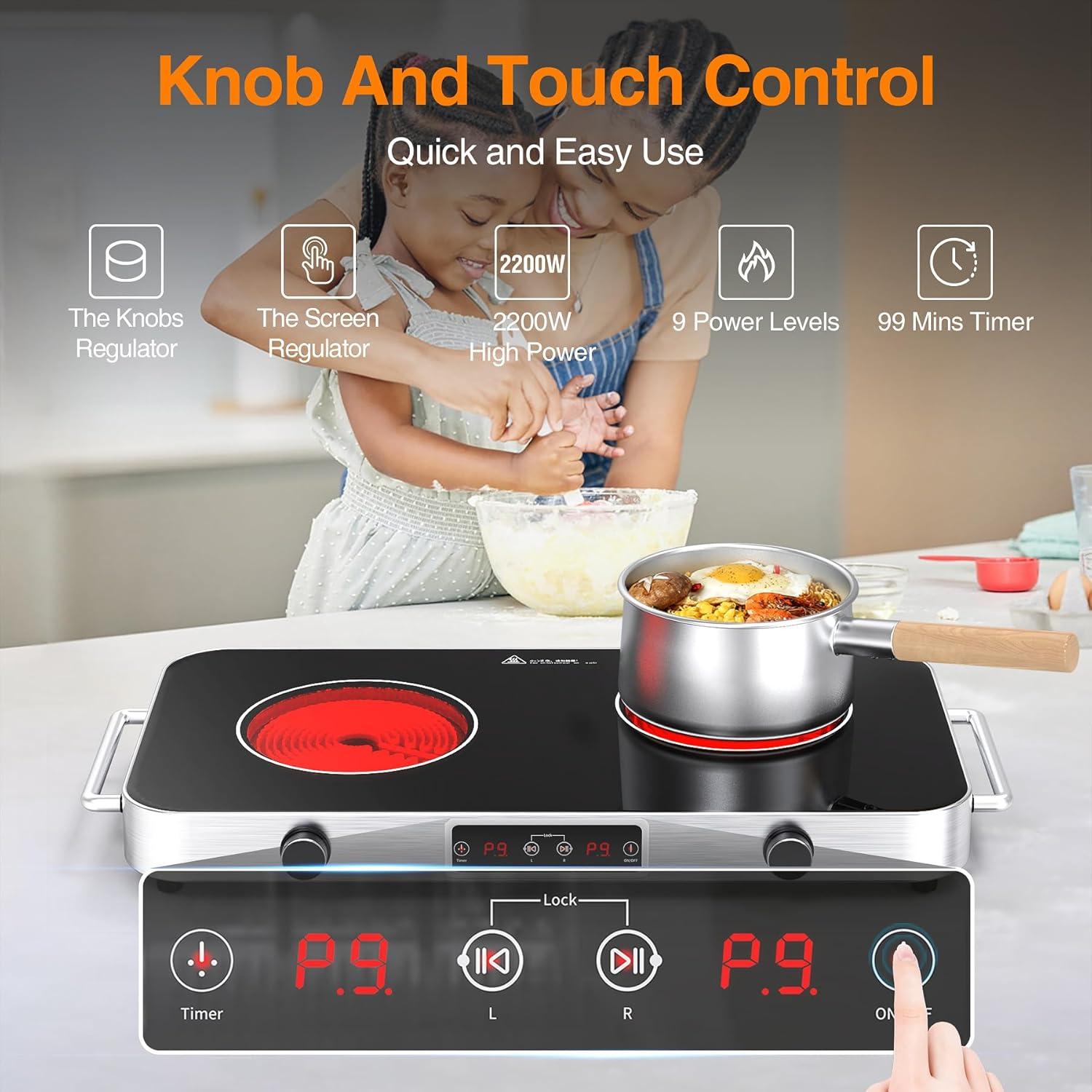 imageVBGK Electric Cooktop110V 2200W Electric Stove with Knob Control9 Power Levels Kids Lock ampamp TimerLED touch controlOverheat Protection Electric Stove Top12 Inch desktop 2 burner electric cooktop