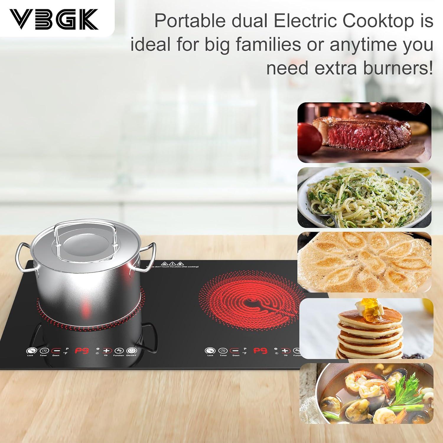 imageVBGK Electric cooktop110V 24 inch 2 Burner Electric CooktopBuiltin and Countertop Stove Top2200W Stove9 Power Levels Kids Lock ampamp TimerLED touch controlOverheat Protection