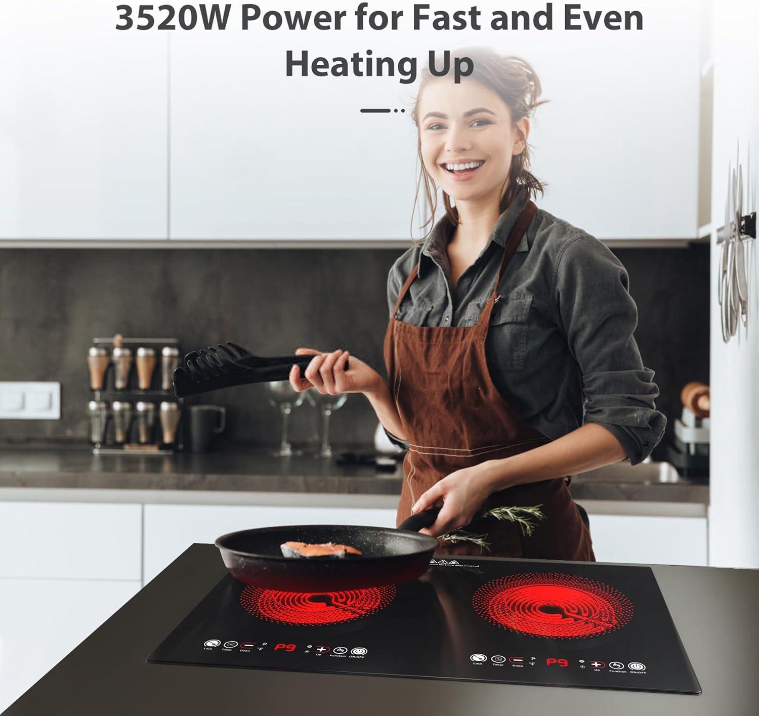 imageVBGK Electric cooktop110V 24 inch 2 Burner Electric CooktopBuiltin and Countertop Stove Top2200W Stove9 Power Levels Kids Lock ampamp TimerLED touch controlOverheat Protection