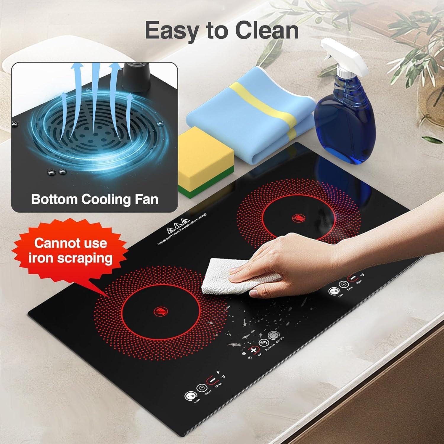 imageVBGK Electric cooktop110V 24 inch 2 Burner Electric CooktopBuiltin and Countertop Stove Top2200W Stove9 Power Levels Kids Lock ampamp TimerLED touch controlOverheat Protection