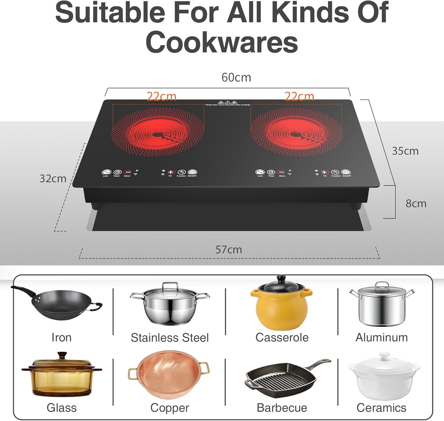 imageVBGK Electric cooktop110V 24 inch 2 Burner Electric CooktopBuiltin and Countertop Stove Top2200W Stove9 Power Levels Kids Lock ampamp TimerLED touch controlOverheat Protection