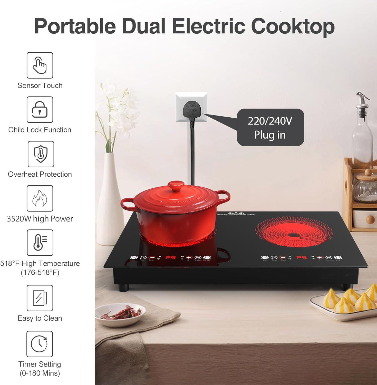 imageVBGK Electric cooktop110V 24 inch 2 Burner Electric CooktopBuiltin and Countertop Stove Top2200W Stove9 Power Levels Kids Lock ampamp TimerLED touch controlOverheat Protection