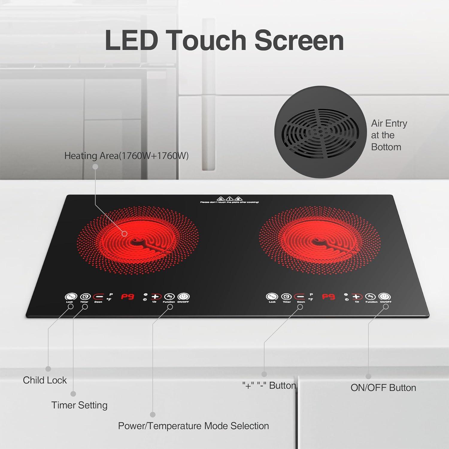 imageVBGK Electric cooktop110V 24 inch 2 Burner Electric CooktopBuiltin and Countertop Stove Top2200W Stove9 Power Levels Kids Lock ampamp TimerLED touch controlOverheat Protection