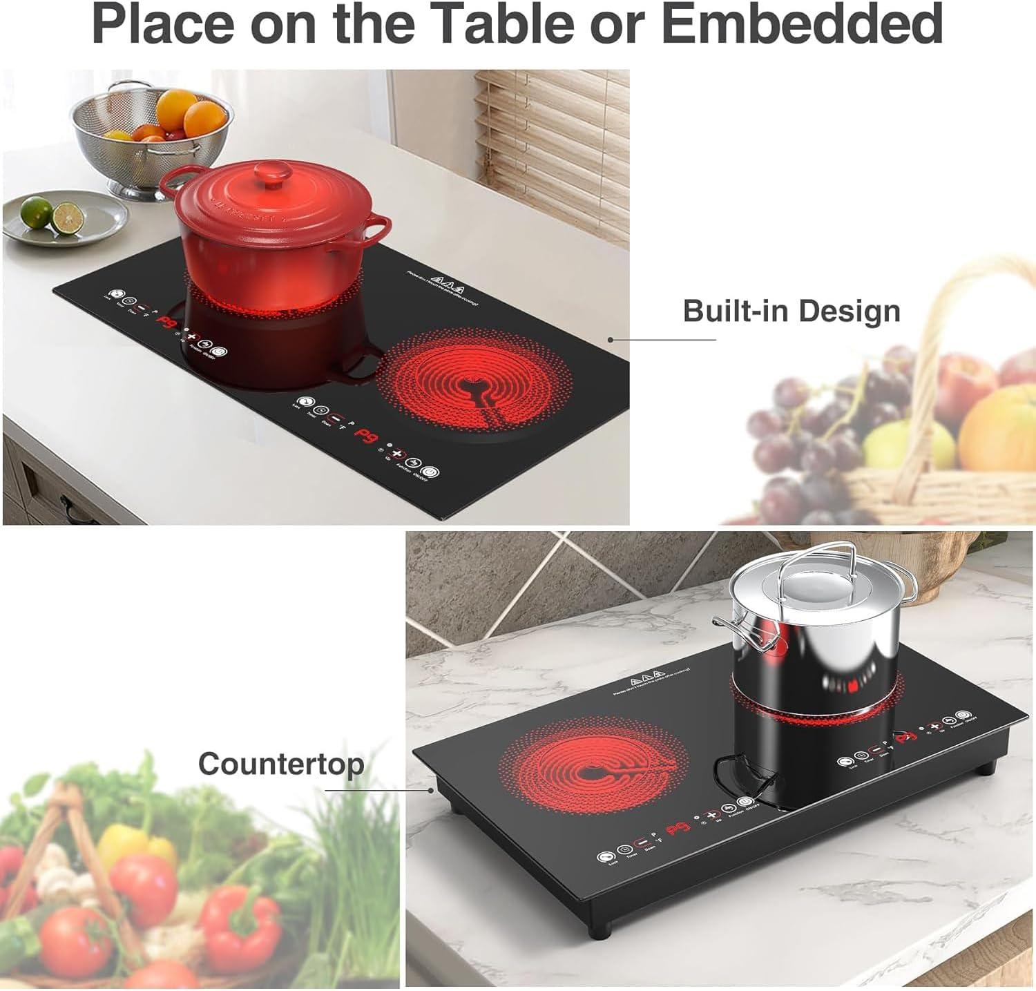 imageVBGK Electric cooktop110V 24 inch 2 Burner Electric CooktopBuiltin and Countertop Stove Top2200W Stove9 Power Levels Kids Lock ampamp TimerLED touch controlOverheat Protection