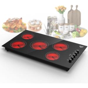 imageVBGK Electric Cooktop 36 inchBuiltin 36 inch Electric Cooktop 8000W Power Control by Knob 36 induction cooktop with 9 Power Levels with Child Safety Lock TimerOverTemperature 220V240V5 Burner Electric Cooktop