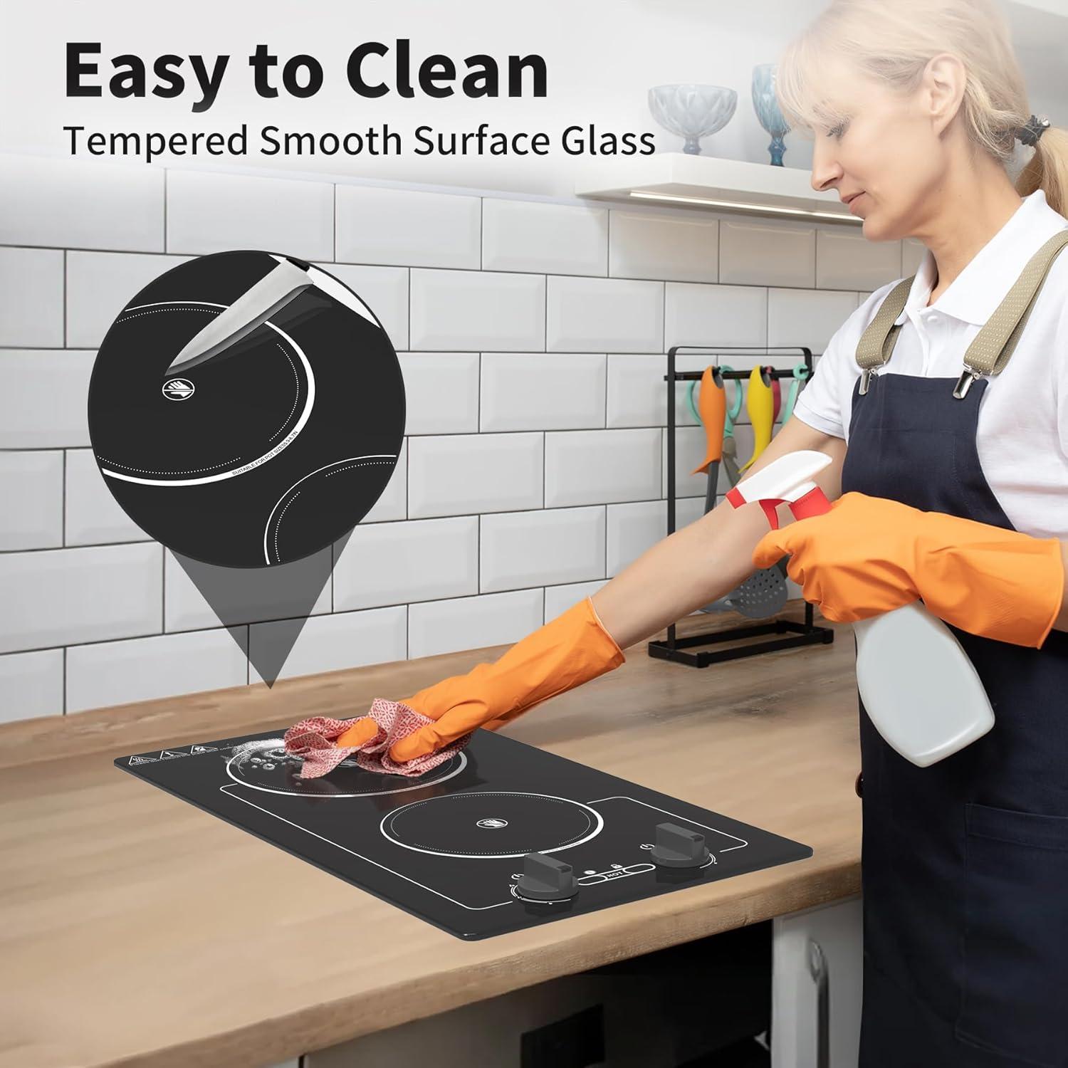 imageVBGK Electric Cooktop110V 2100W electric Stove Top with Knob ControlCountertopBuiltin Design with 9 Power LevelsKids Lock ampamp Timer Overheat Protectionand touch control 2 burner electric Cooktop