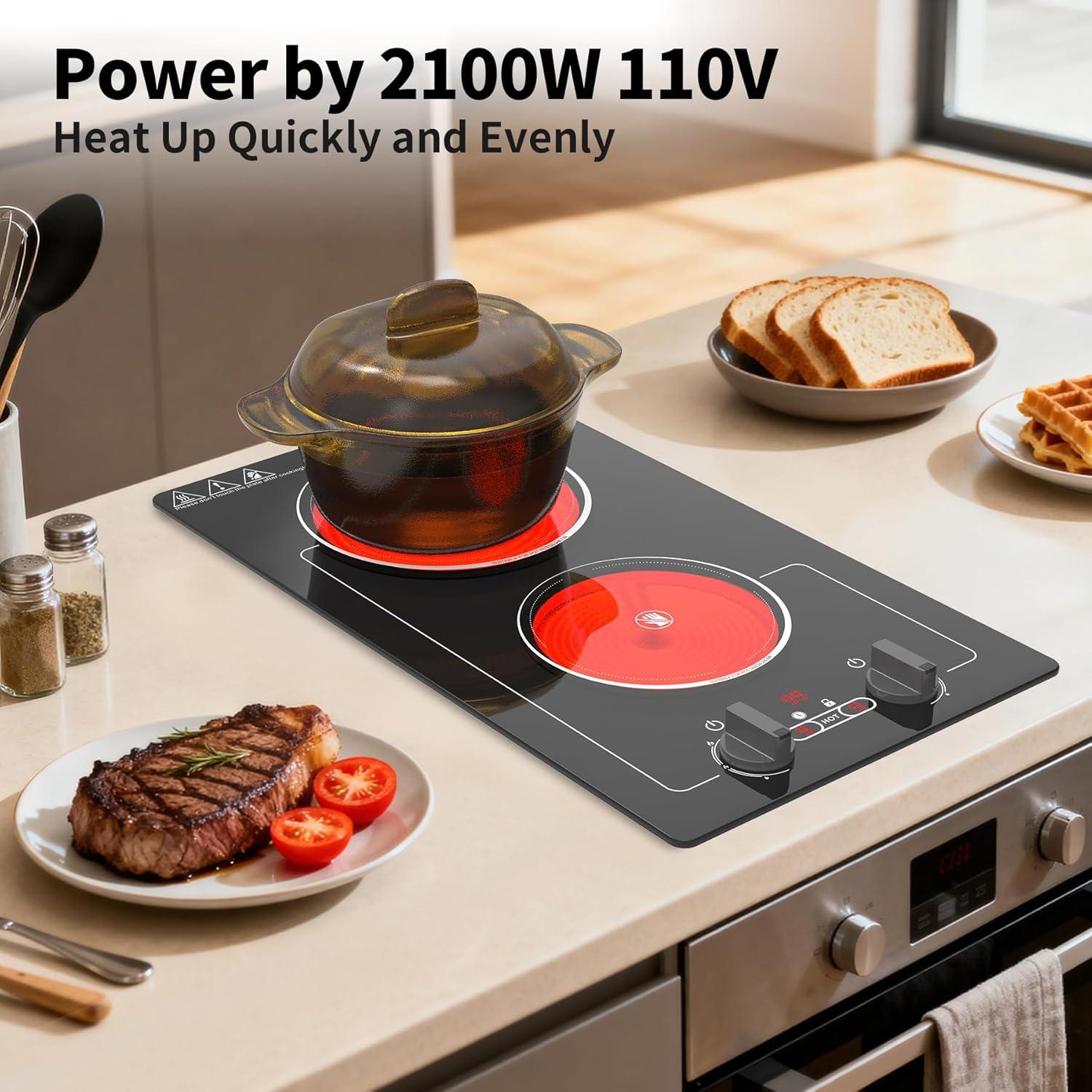 imageVBGK Electric Cooktop110V 2100W electric Stove Top with Knob ControlCountertopBuiltin Design with 9 Power LevelsKids Lock ampamp Timer Overheat Protectionand touch control 2 burner electric Cooktop