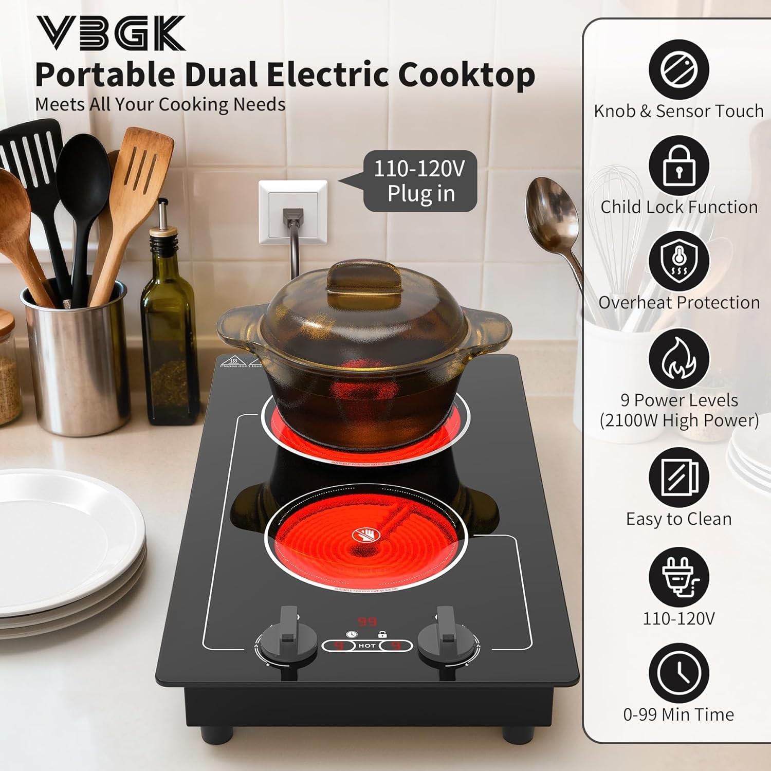 imageVBGK Electric Cooktop110V 2100W electric Stove Top with Knob ControlCountertopBuiltin Design with 9 Power LevelsKids Lock ampamp Timer Overheat Protectionand touch control 2 burner electric Cooktop