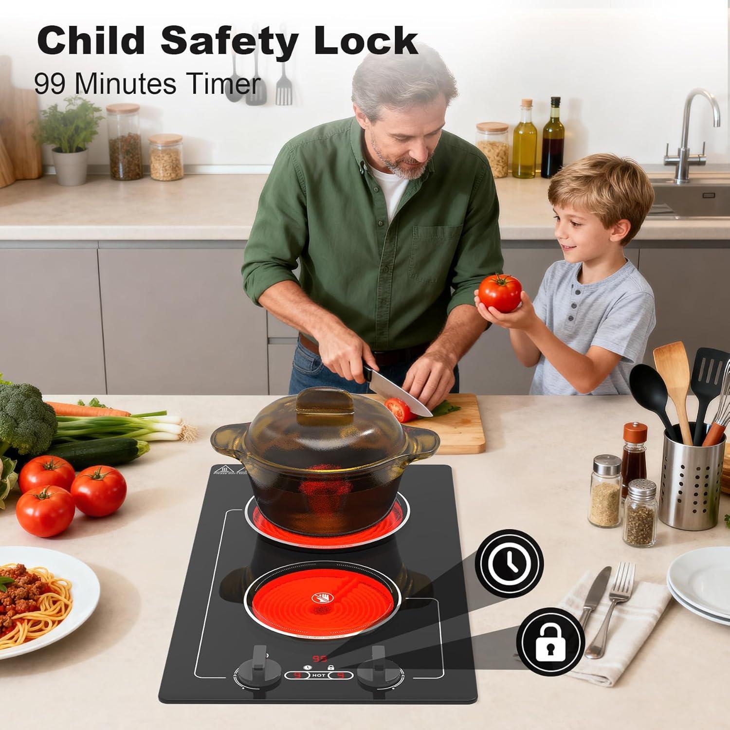 imageVBGK Electric Cooktop110V 2100W electric Stove Top with Knob ControlCountertopBuiltin Design with 9 Power LevelsKids Lock ampamp Timer Overheat Protectionand touch control 2 burner electric Cooktop